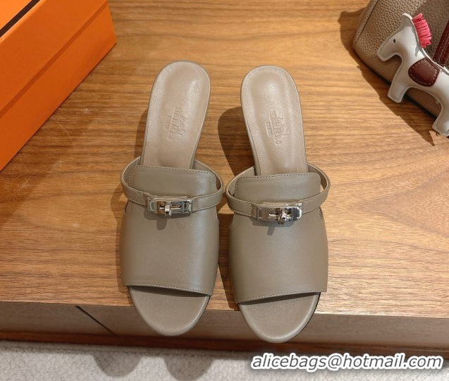 Top Grade Hermes Kelly Strap Medium Heel Slides Sandal in Calfskin Leather HS122201 Grey 2026
