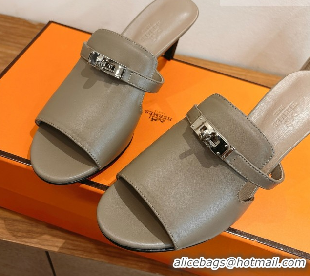 Top Grade Hermes Kelly Strap Medium Heel Slides Sandal in Calfskin Leather HS122201 Grey 2026
