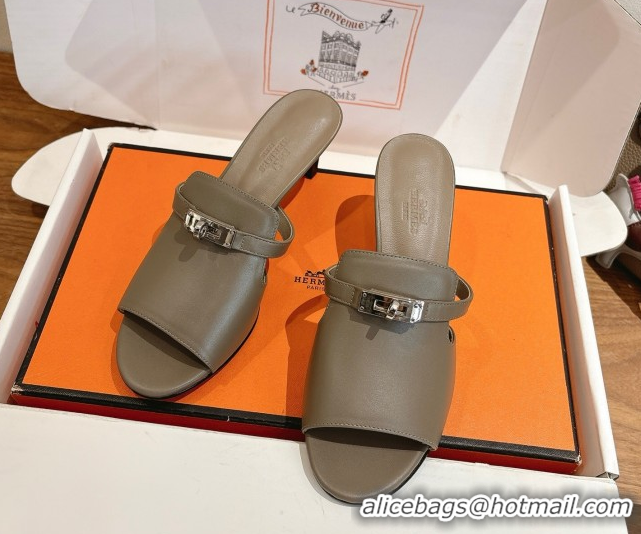 Top Grade Hermes Kelly Strap Medium Heel Slides Sandal in Calfskin Leather HS122201 Grey 2026
