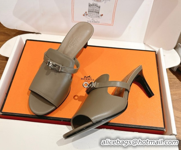 Top Grade Hermes Kelly Strap Medium Heel Slides Sandal in Calfskin Leather HS122201 Grey 2026