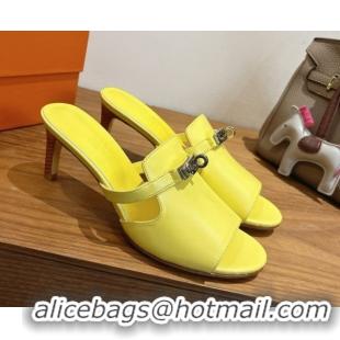 Unique Style Hermes Kelly Strap Medium Heel Slides Sandal in Calfskin Leather HS122201 Yellow 2026