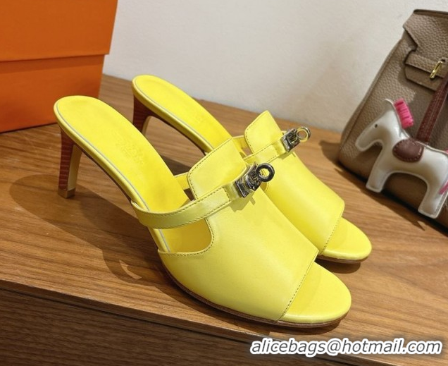 Unique Style Hermes Kelly Strap Medium Heel Slides Sandal in Calfskin Leather HS122201 Yellow 2026