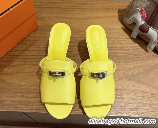 Unique Style Hermes Kelly Strap Medium Heel Slides Sandal in Calfskin Leather HS122201 Yellow 2026