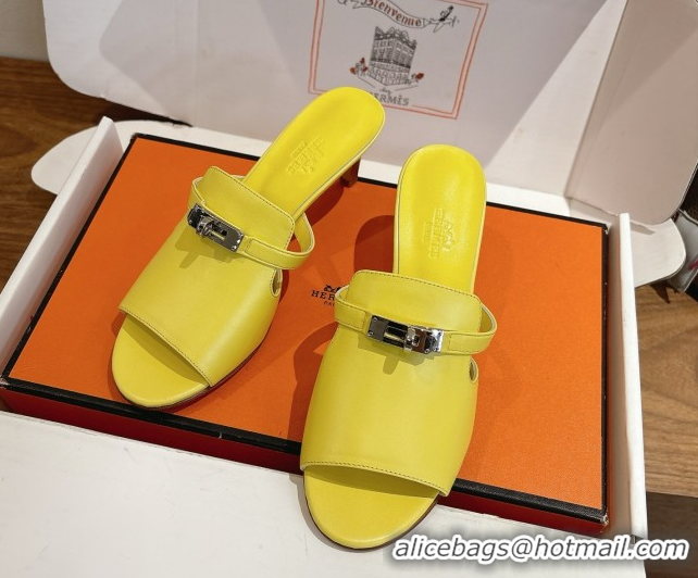 Unique Style Hermes Kelly Strap Medium Heel Slides Sandal in Calfskin Leather HS122201 Yellow 2026