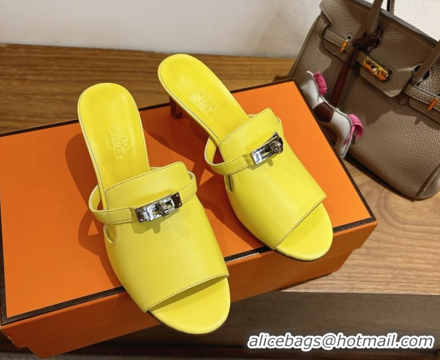 Unique Style Hermes Kelly Strap Medium Heel Slides Sandal in Calfskin Leather HS122201 Yellow 2026