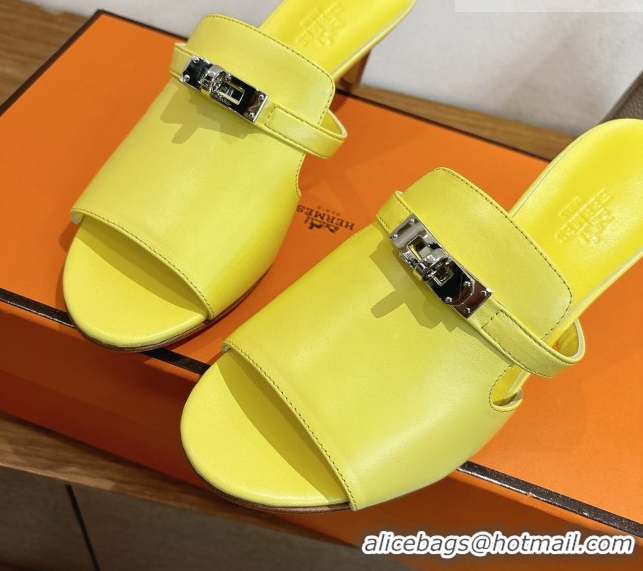 Unique Style Hermes Kelly Strap Medium Heel Slides Sandal in Calfskin Leather HS122201 Yellow 2026