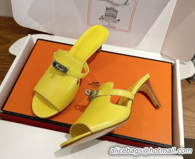 Unique Style Hermes Kelly Strap Medium Heel Slides Sandal in Calfskin Leather HS122201 Yellow 2026