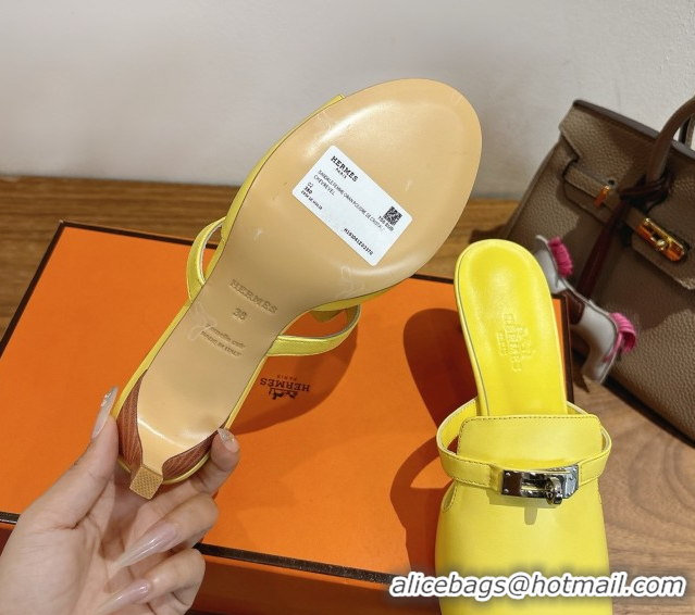 Unique Style Hermes Kelly Strap Medium Heel Slides Sandal in Calfskin Leather HS122201 Yellow 2026