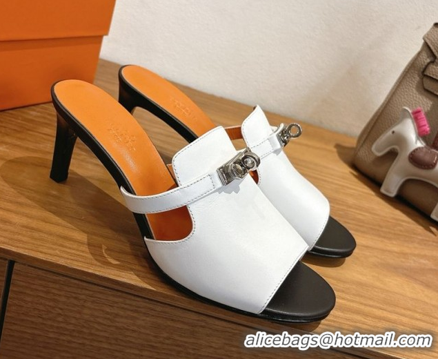 Most Popular Hermes Kelly Strap Medium Heel Slides Sandal in Calfskin Leather HS122201 White/Orange 2026
