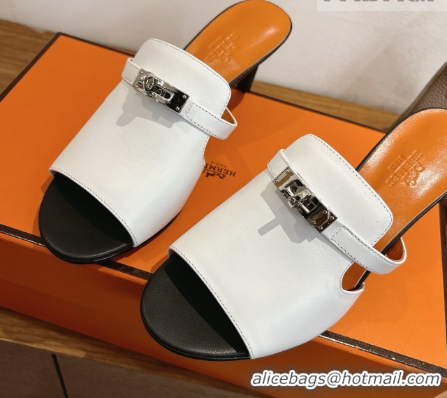 Most Popular Hermes Kelly Strap Medium Heel Slides Sandal in Calfskin Leather HS122201 White/Orange 2026