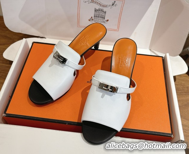 Most Popular Hermes Kelly Strap Medium Heel Slides Sandal in Calfskin Leather HS122201 White/Orange 2026