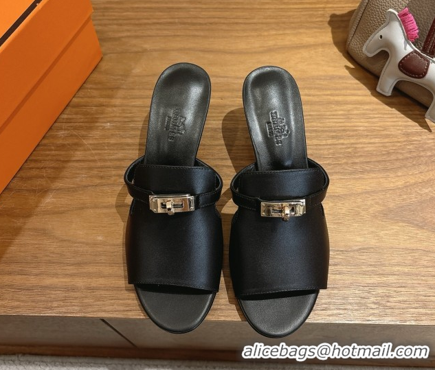 Best Product Hermes Kelly Strap Medium Heel Slides Sandal in Calfskin Leather HS122201 Black 2026