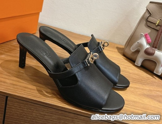Best Product Hermes Kelly Strap Medium Heel Slides Sandal in Calfskin Leather HS122201 Black 2026