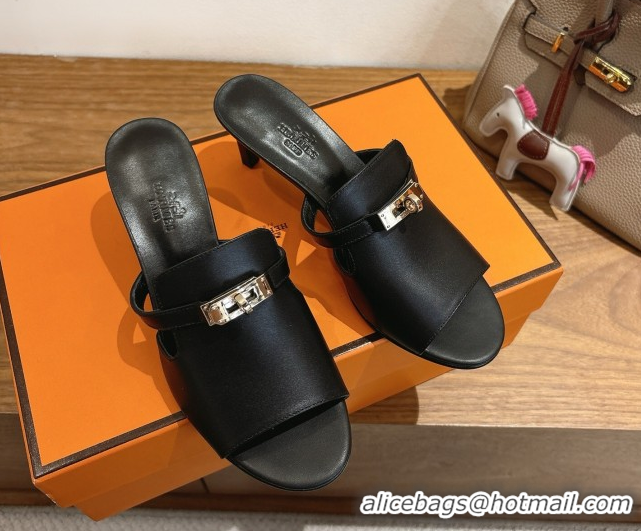 Best Product Hermes Kelly Strap Medium Heel Slides Sandal in Calfskin Leather HS122201 Black 2026