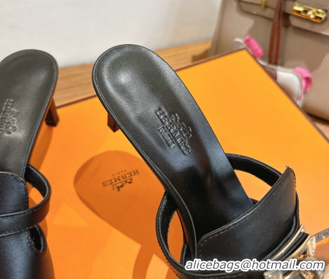 Best Product Hermes Kelly Strap Medium Heel Slides Sandal in Calfskin Leather HS122201 Black 2026