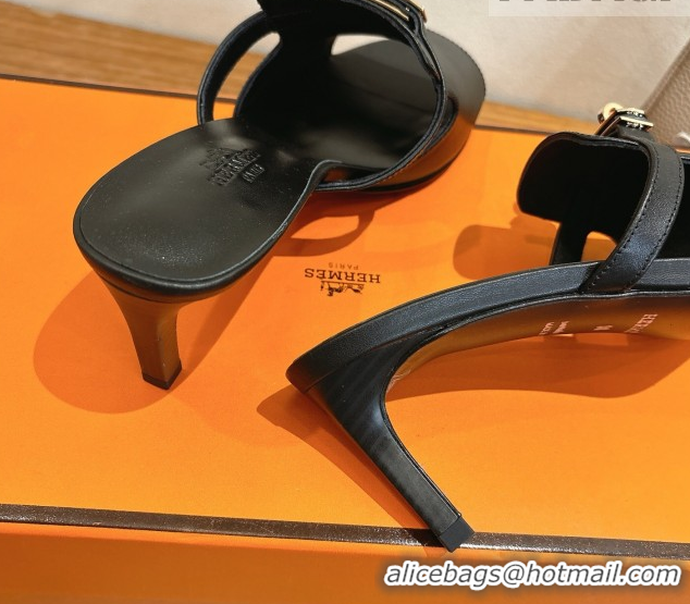 Best Product Hermes Kelly Strap Medium Heel Slides Sandal in Calfskin Leather HS122201 Black 2026