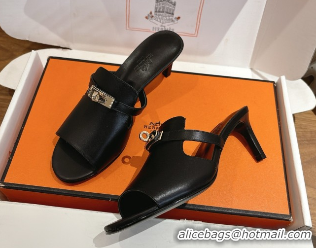 Best Product Hermes Kelly Strap Medium Heel Slides Sandal in Calfskin Leather HS122201 Black 2026