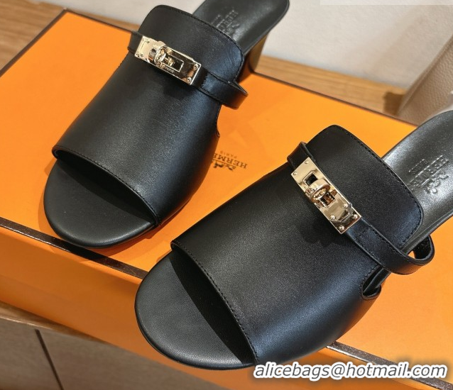 Leisure Hermes Kelly Strap Low Heel Slides Sandal in Calfskin Leather HS122201 Black 2026