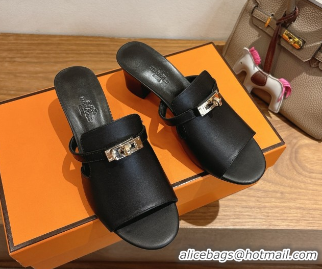 Leisure Hermes Kelly Strap Low Heel Slides Sandal in Calfskin Leather HS122201 Black 2026