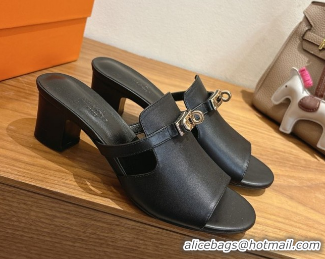 Leisure Hermes Kelly Strap Low Heel Slides Sandal in Calfskin Leather HS122201 Black 2026