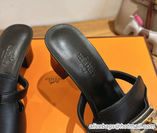 Leisure Hermes Kelly Strap Low Heel Slides Sandal in Calfskin Leather HS122201 Black 2026