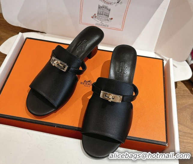 Leisure Hermes Kelly Strap Low Heel Slides Sandal in Calfskin Leather HS122201 Black 2026