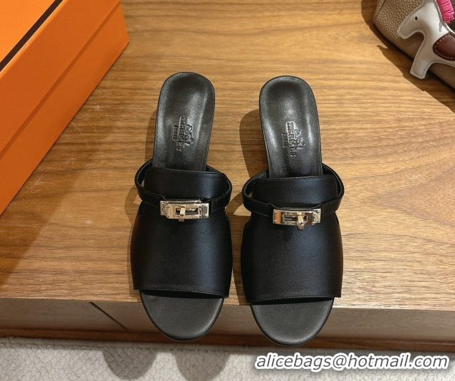 Leisure Hermes Kelly Strap Low Heel Slides Sandal in Calfskin Leather HS122201 Black 2026