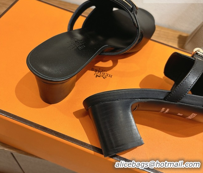 Leisure Hermes Kelly Strap Low Heel Slides Sandal in Calfskin Leather HS122201 Black 2026