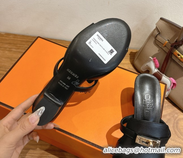 Leisure Hermes Kelly Strap Low Heel Slides Sandal in Calfskin Leather HS122201 Black 2026