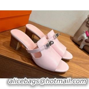 Luxury Hermes Kelly Strap Low Heel Slides Sandal in Calfskin Leather HS122201 Light Pink 2026