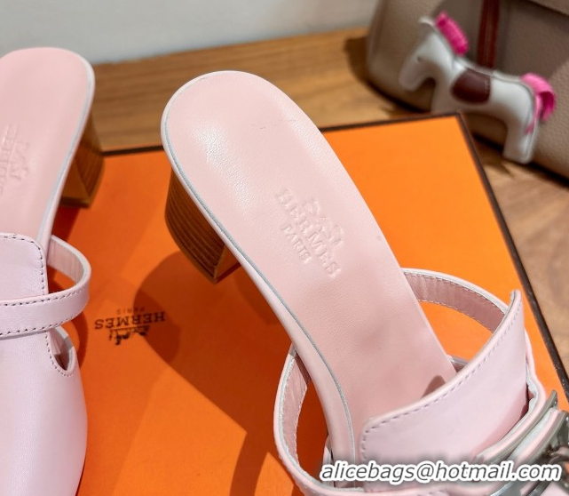 Luxury Hermes Kelly Strap Low Heel Slides Sandal in Calfskin Leather HS122201 Light Pink 2026