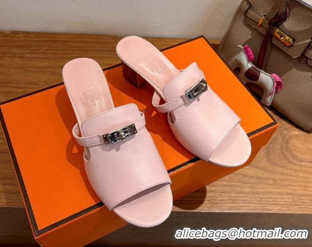 Luxury Hermes Kelly Strap Low Heel Slides Sandal in Calfskin Leather HS122201 Light Pink 2026