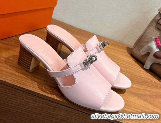 Luxury Hermes Kelly Strap Low Heel Slides Sandal in Calfskin Leather HS122201 Light Pink 2026