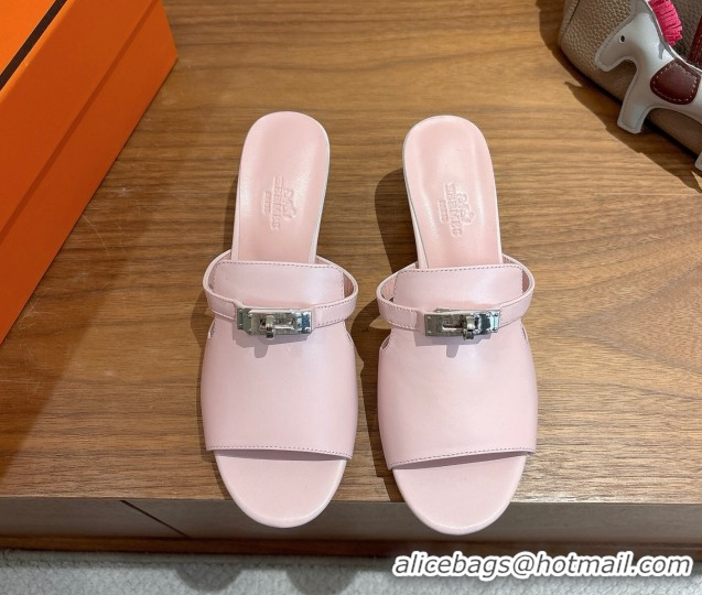Luxury Hermes Kelly Strap Low Heel Slides Sandal in Calfskin Leather HS122201 Light Pink 2026