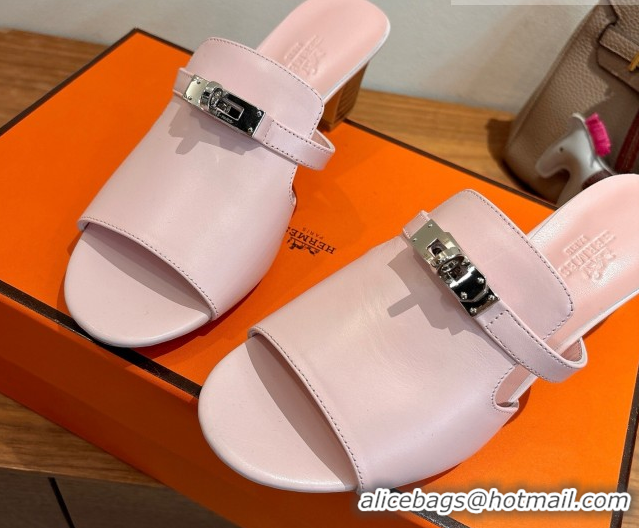 Luxury Hermes Kelly Strap Low Heel Slides Sandal in Calfskin Leather HS122201 Light Pink 2026