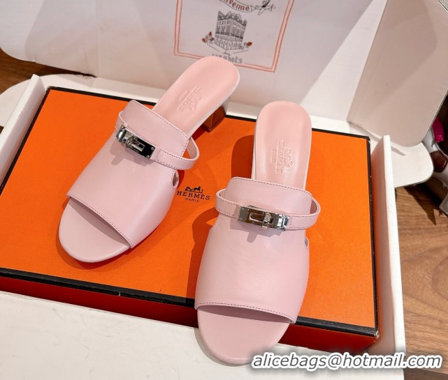 Luxury Hermes Kelly Strap Low Heel Slides Sandal in Calfskin Leather HS122201 Light Pink 2026