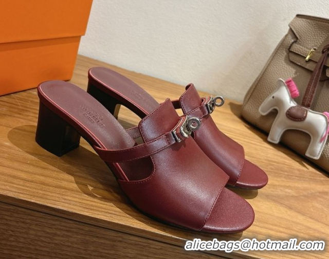 Good Quality Hermes Kelly Strap Low Heel Slides Sandal in Calfskin Leather HS122201 Dark Burgundy 2026