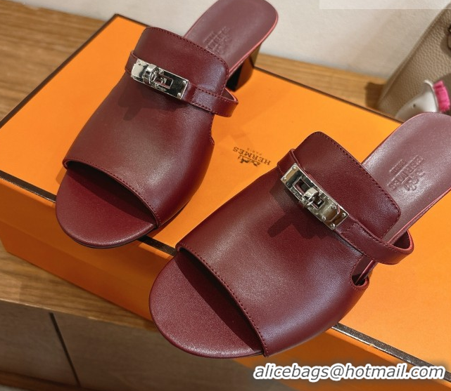 Good Quality Hermes Kelly Strap Low Heel Slides Sandal in Calfskin Leather HS122201 Dark Burgundy 2026