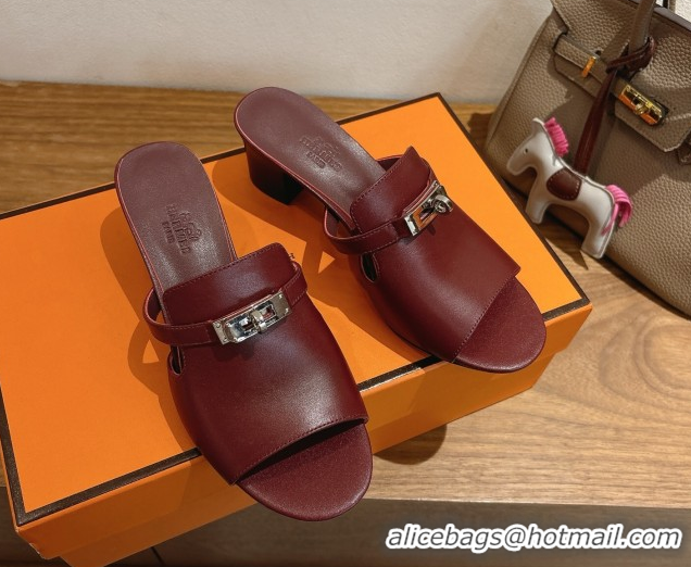 Good Quality Hermes Kelly Strap Low Heel Slides Sandal in Calfskin Leather HS122201 Dark Burgundy 2026