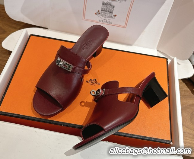 Good Quality Hermes Kelly Strap Low Heel Slides Sandal in Calfskin Leather HS122201 Dark Burgundy 2026