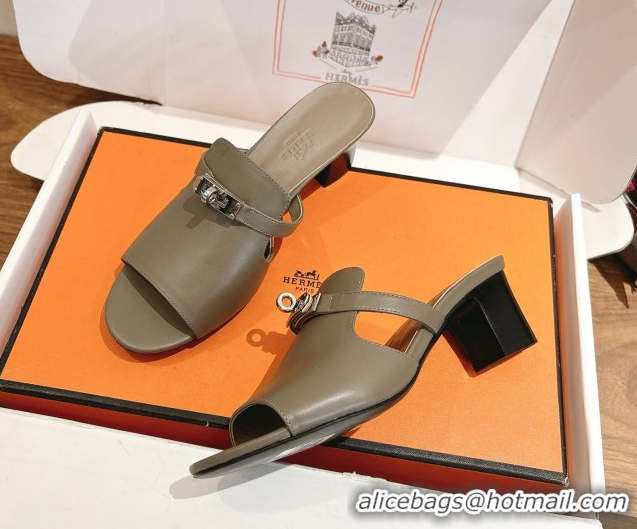 Grade Quality Hermes Kelly Strap Low Heel Slides Sandal in Calfskin Leather HS122201 Grey2 2026