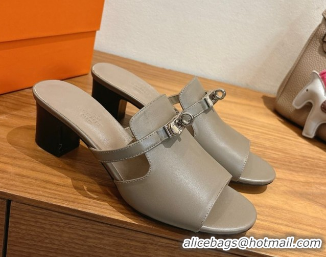Grade Quality Hermes Kelly Strap Low Heel Slides Sandal in Calfskin Leather HS122201 Grey2 2026
