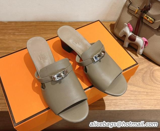 Grade Quality Hermes Kelly Strap Low Heel Slides Sandal in Calfskin Leather HS122201 Grey2 2026