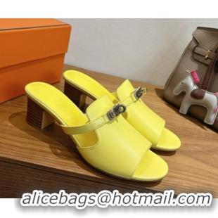 Shop Cheap Hermes Kelly Strap Low Heel Slides Sandal in Calfskin Leather HS122201 Yellow 2026