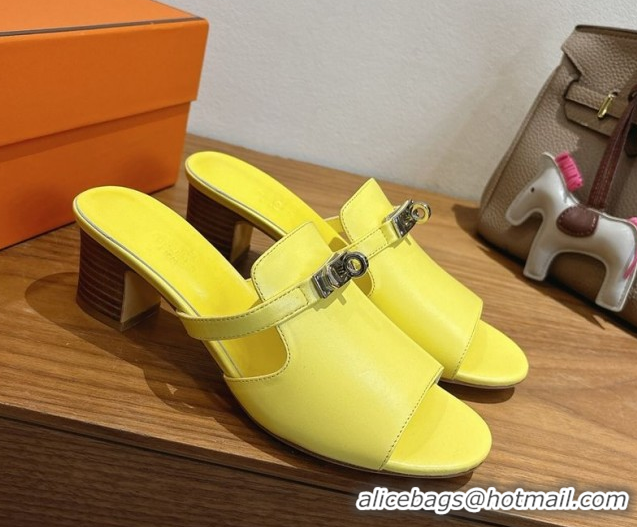 Shop Cheap Hermes Kelly Strap Low Heel Slides Sandal in Calfskin Leather HS122201 Yellow 2026