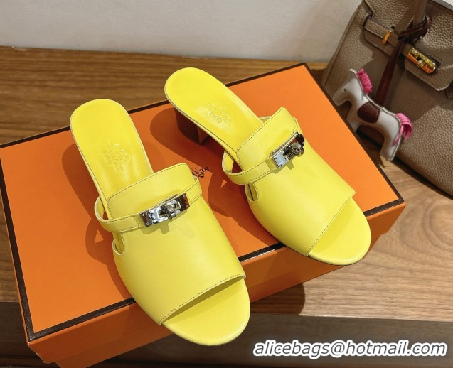 Shop Cheap Hermes Kelly Strap Low Heel Slides Sandal in Calfskin Leather HS122201 Yellow 2026