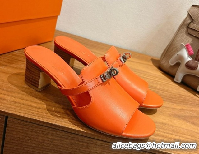 Luxurious Hermes Kelly Strap Low Heel Slides Sandal in Calfskin Leather HS122201 Orange2 2026