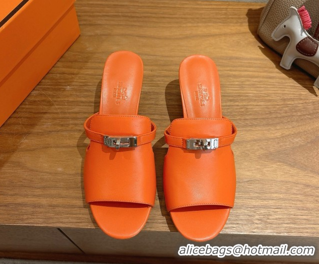 Luxurious Hermes Kelly Strap Low Heel Slides Sandal in Calfskin Leather HS122201 Orange2 2026