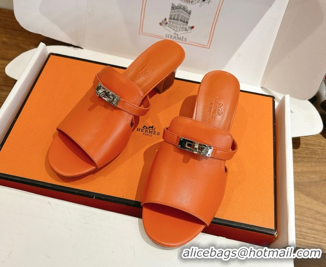 Luxurious Hermes Kelly Strap Low Heel Slides Sandal in Calfskin Leather HS122201 Orange2 2026