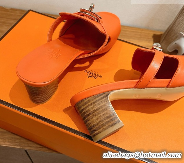 Luxurious Hermes Kelly Strap Low Heel Slides Sandal in Calfskin Leather HS122201 Orange2 2026